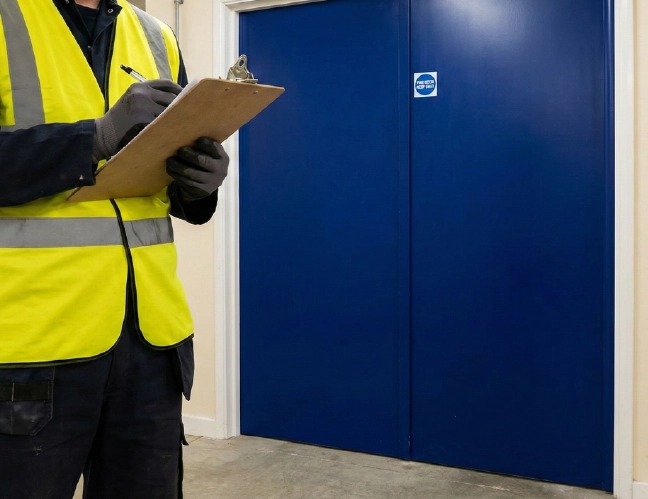 Fire door inspection with a clipboard